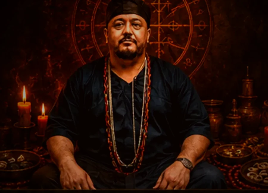 Baba Ifaseum sentado em ambiente cerimonial com velas e objetos simbólicos