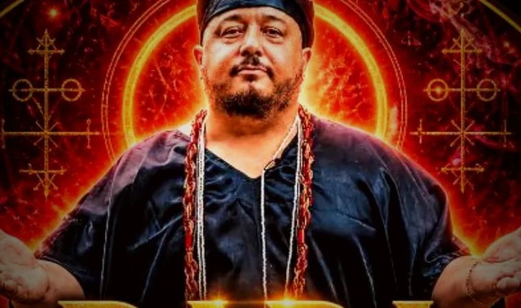 Baba Ifaseum diante de um halo vermelho e dourado